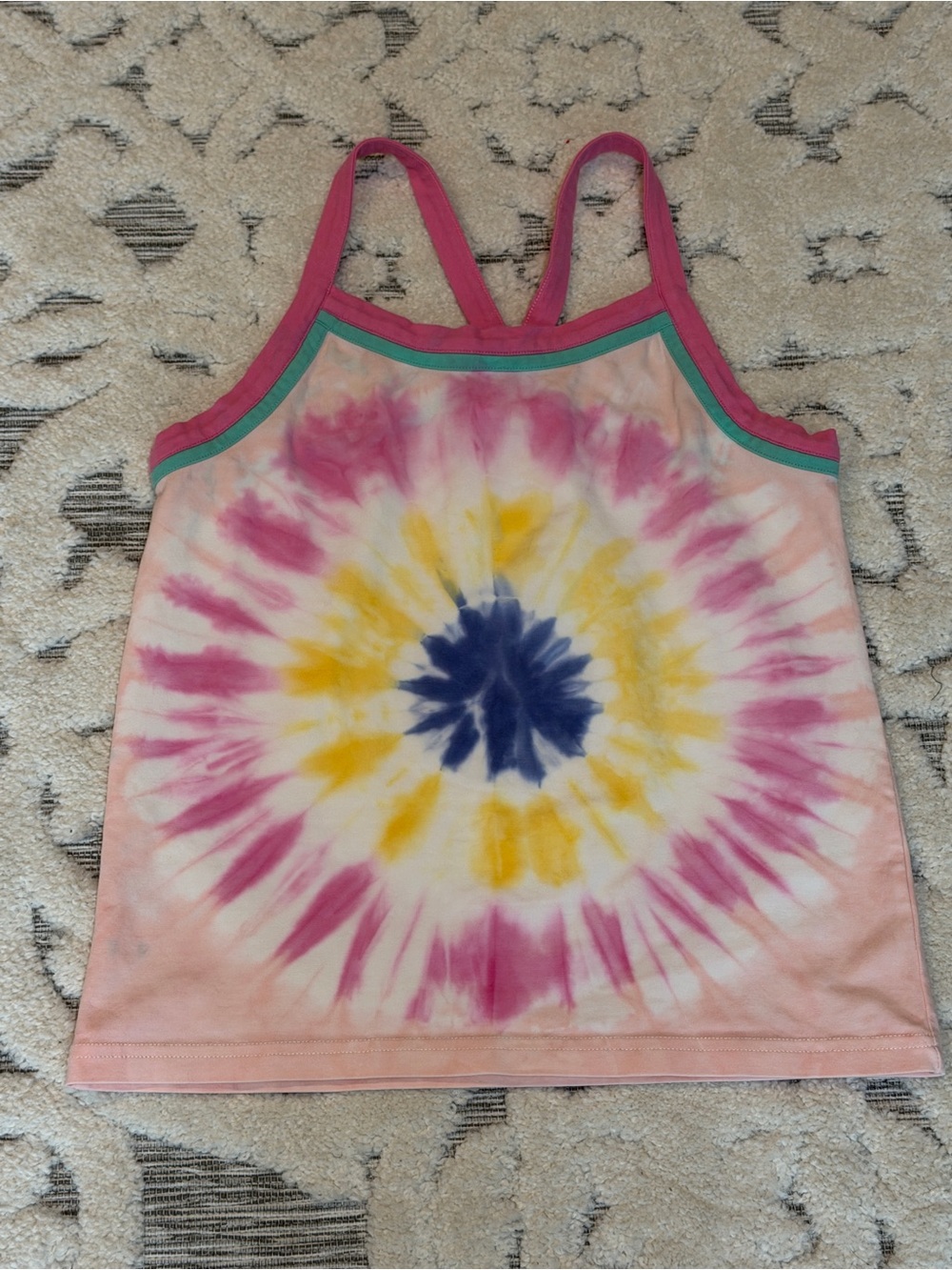 Matilda Jane Girls size 12 Pink Tie-Dye Tank with Teal Trim and Yellow Accents